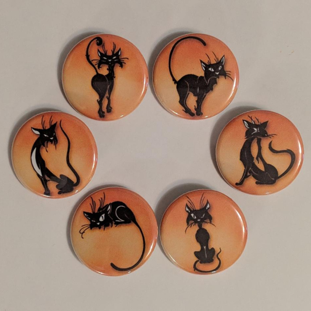 Lot of 6 1.25" Pinback Buttons Black Cats